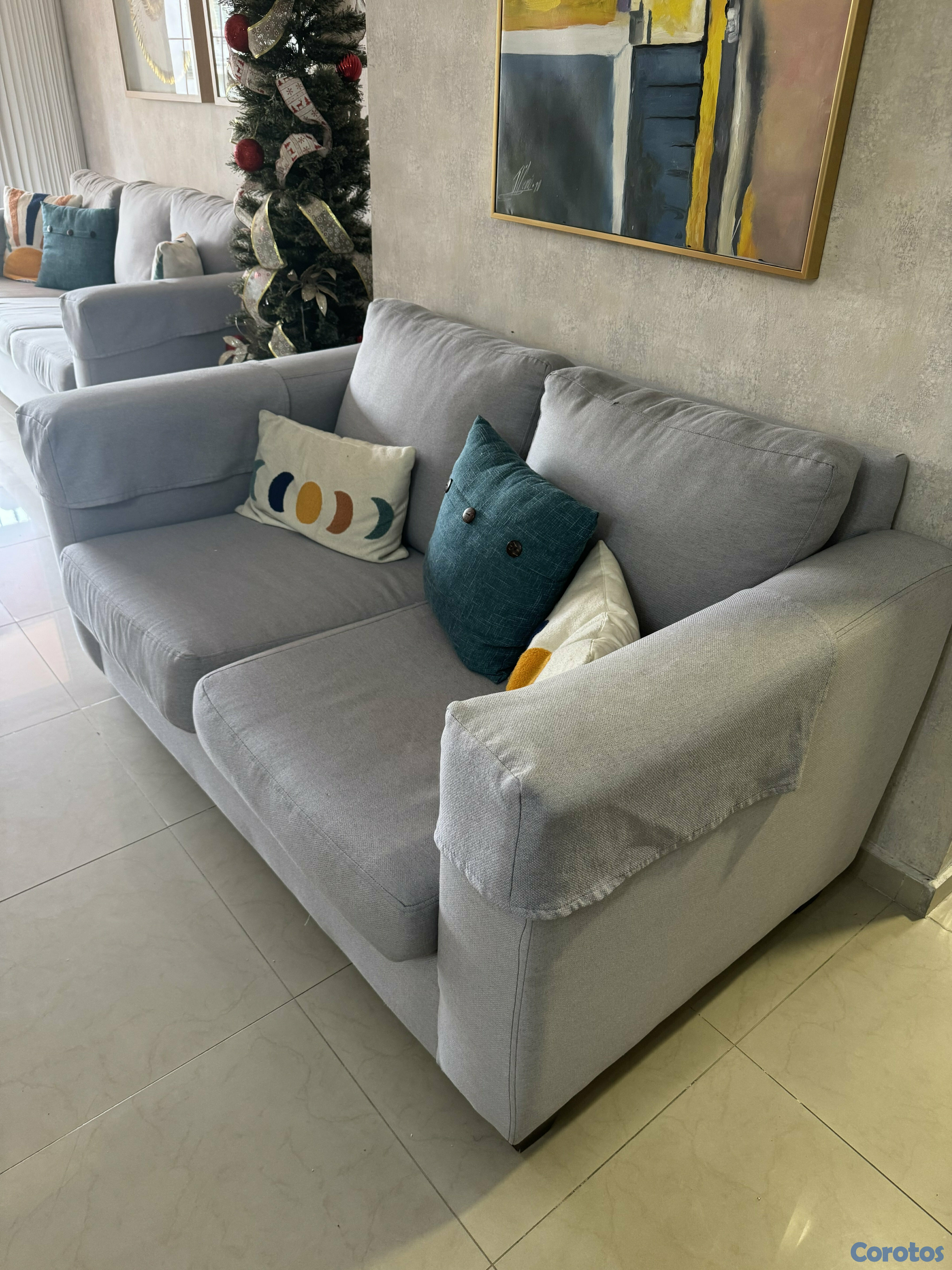 muebles y colchones - Sala de 2 Sofás Modernos en Tela Gris – Comodidad y Estilo para tu Hogar 4