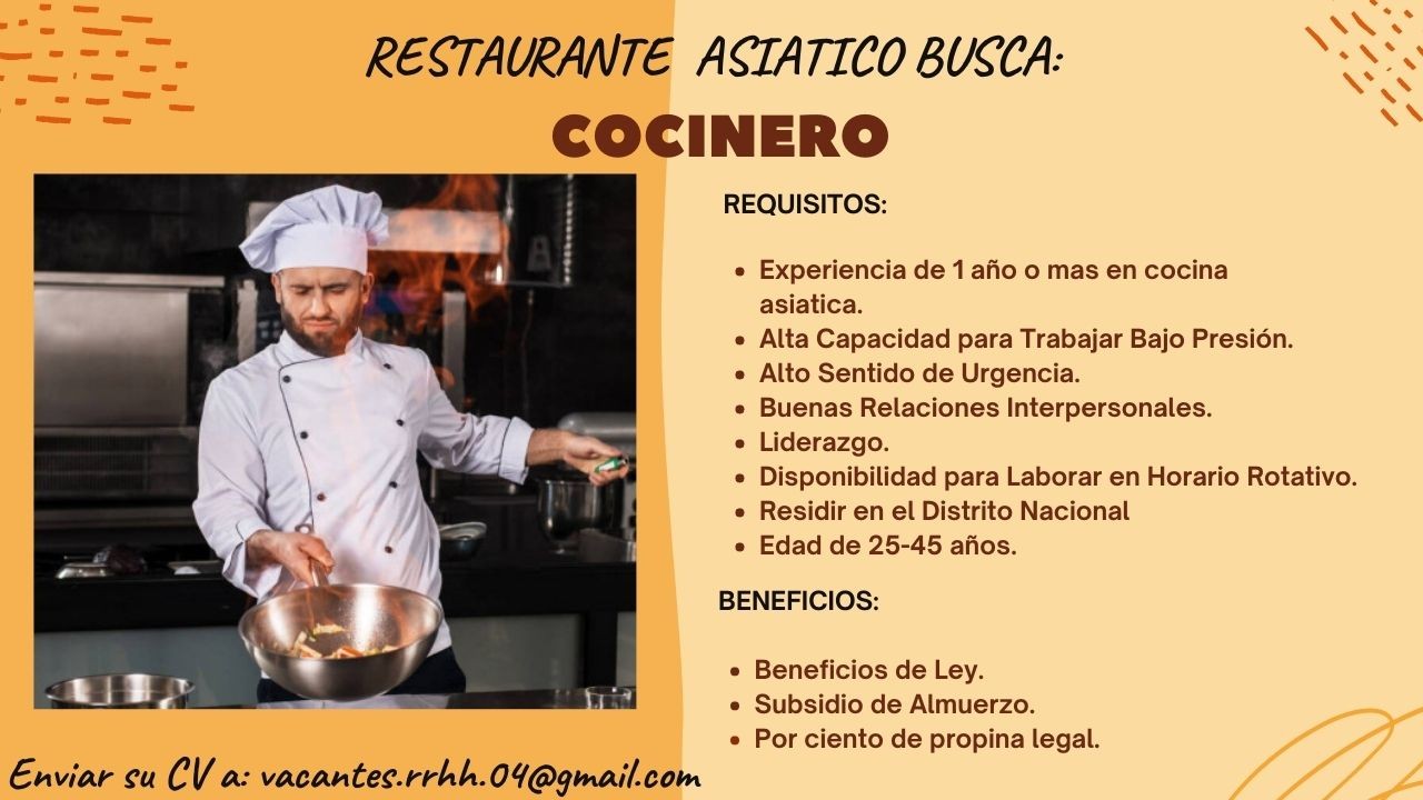 empleos disponibles - COCINERO DE COMIDA  ASIATICA