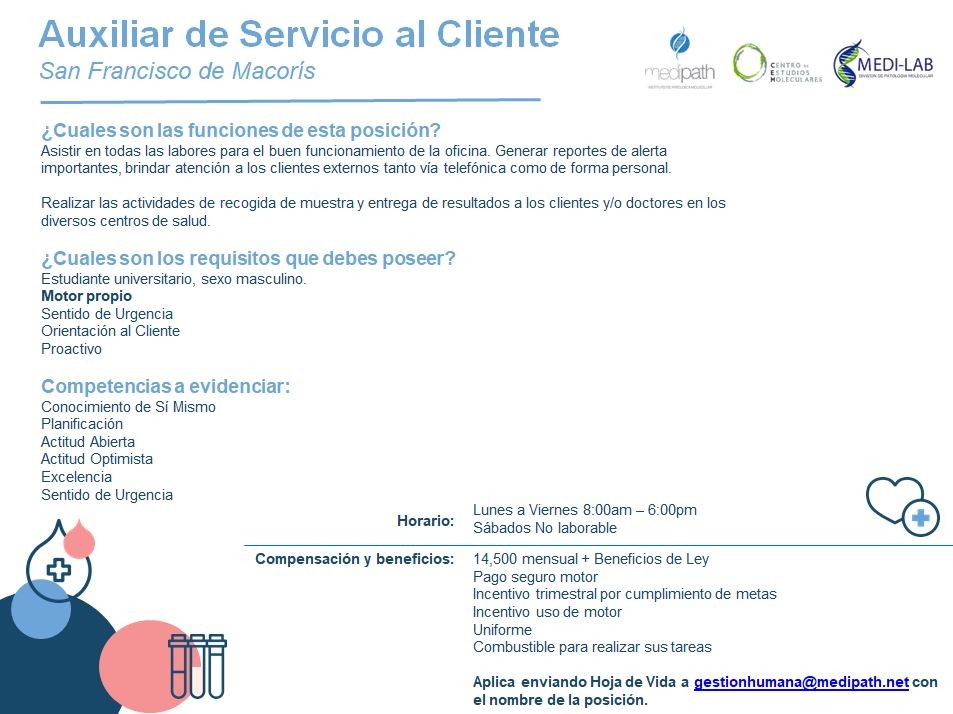 empleos disponibles - Auxiliar de Servicio al Cliente
San Francisco de Macorís
