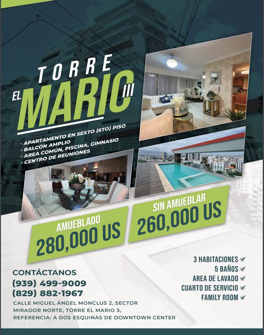 apartamentos - Lujoso apartamento. Torre El Mario III, Mirador Norte, Distrito Nacional