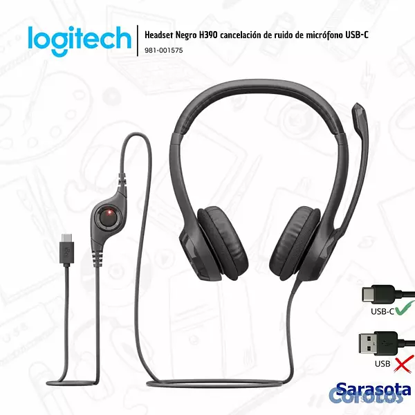 camaras y audio - Logitech Audífono H390 con micrófono USB-C Negro ( 3