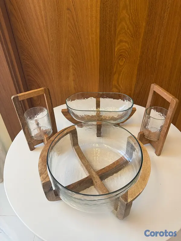 decoración y accesorios - set de vidrio decorativo con base de madera  2