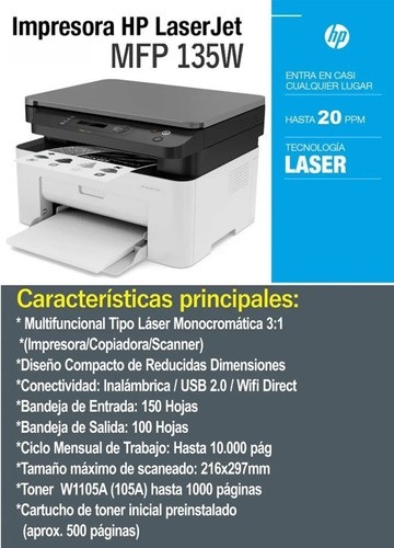 impresoras y scanners - MULTIFUNCION LASER  WI-FI HP LASERJET MFP M135W ,SCANER,COPIA,PRINTER 1