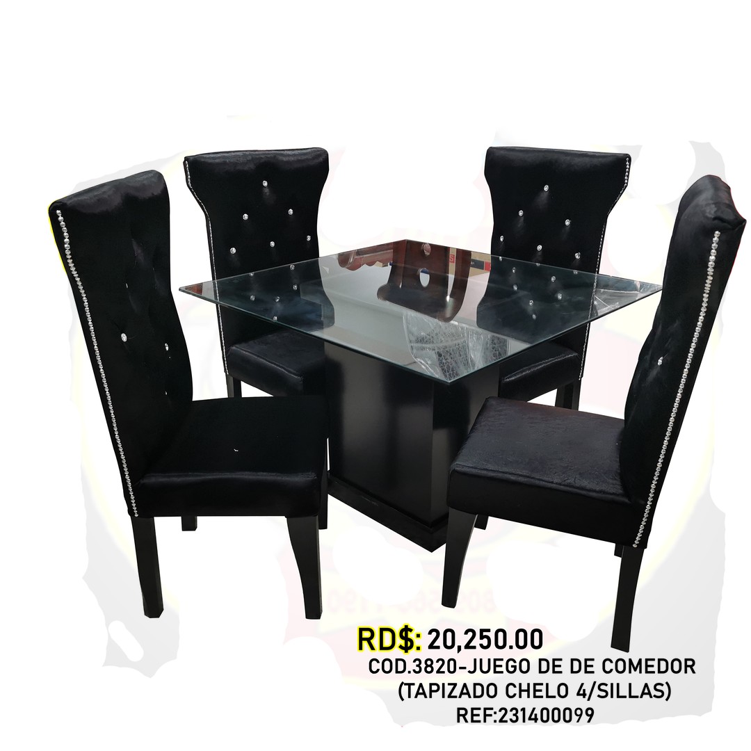 Juego de comedor entapizado color negro de 4 sillas 