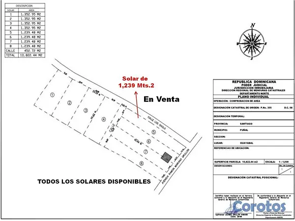 solares y terrenos - Vendo Solar 1,239 Mts.2en Guayabal, SANTIAGO, AV. RAMON MARIANO GRULLON, PROX. A 3