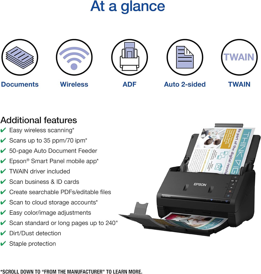 impresoras y scanners - Epson Workforce ES-500W II Escáner de documentosinalámbrico color dúplex con ADF 2