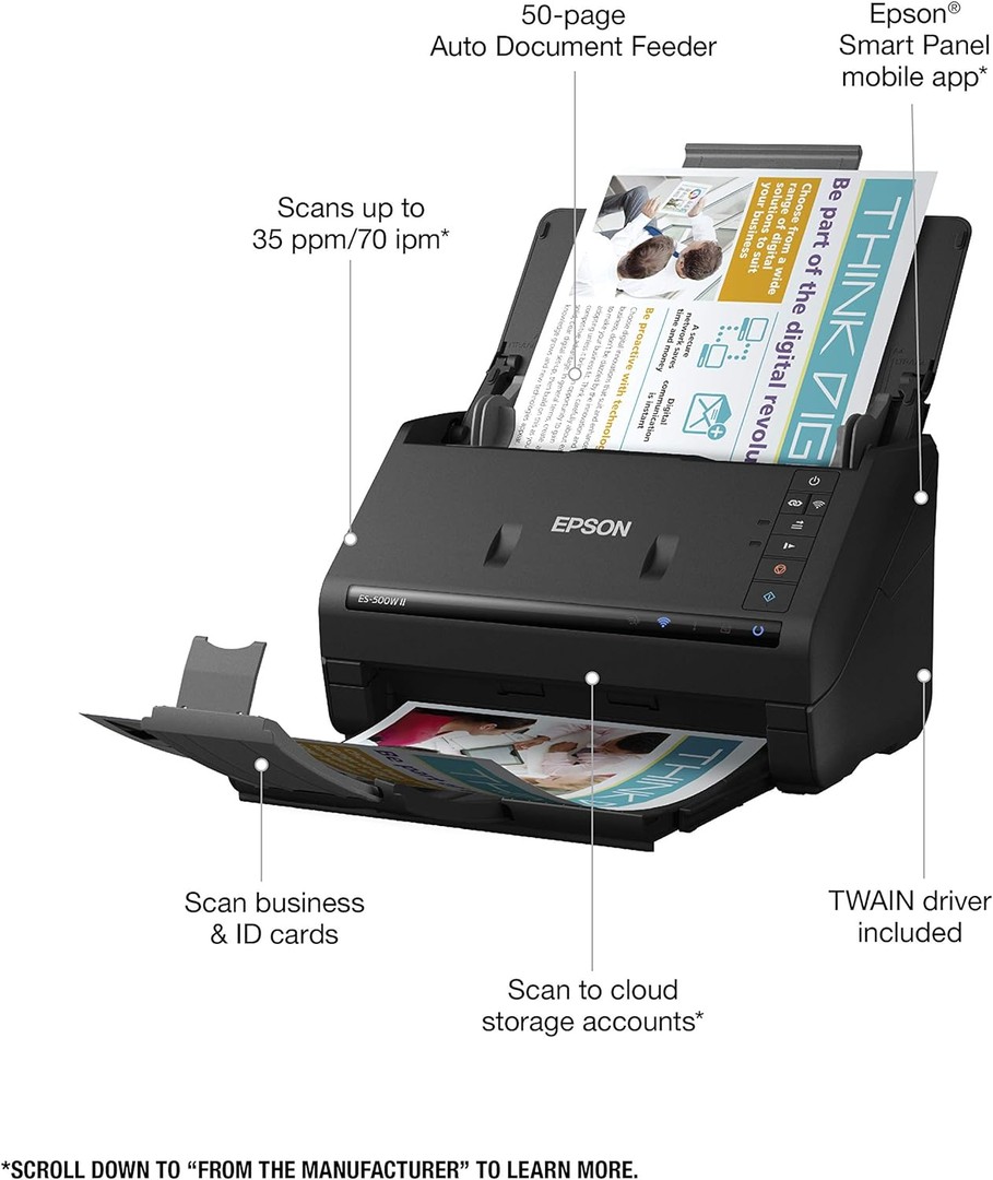 impresoras y scanners - Epson Workforce ES-500W II Escáner de documentosinalámbrico color dúplex con ADF 3