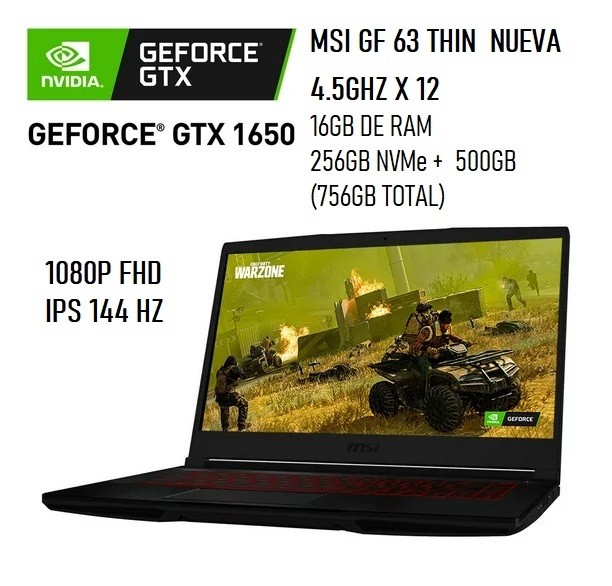 computadoras y laptops - Laptop MSI i5 11400H 2.7 16GB RAM DRR4 256 M.2 + 500GB GTX 1650 FHD IPS $38,500