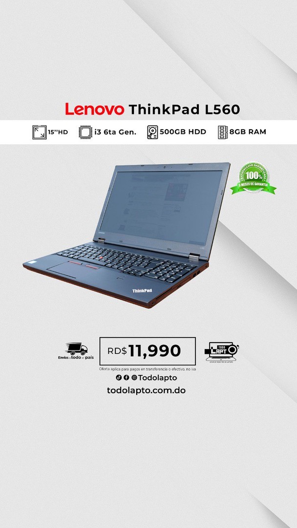 computadoras y laptops - Laptop Lenovo thinkpad L560 core i3 6ta gen 2.30GHz 8GB ram 500GB HDD
