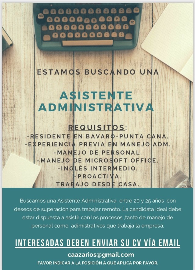 empleos disponibles - SE SOLICITA ASISTENTE ADMINISTRATIVA EN PUNTA CANA.