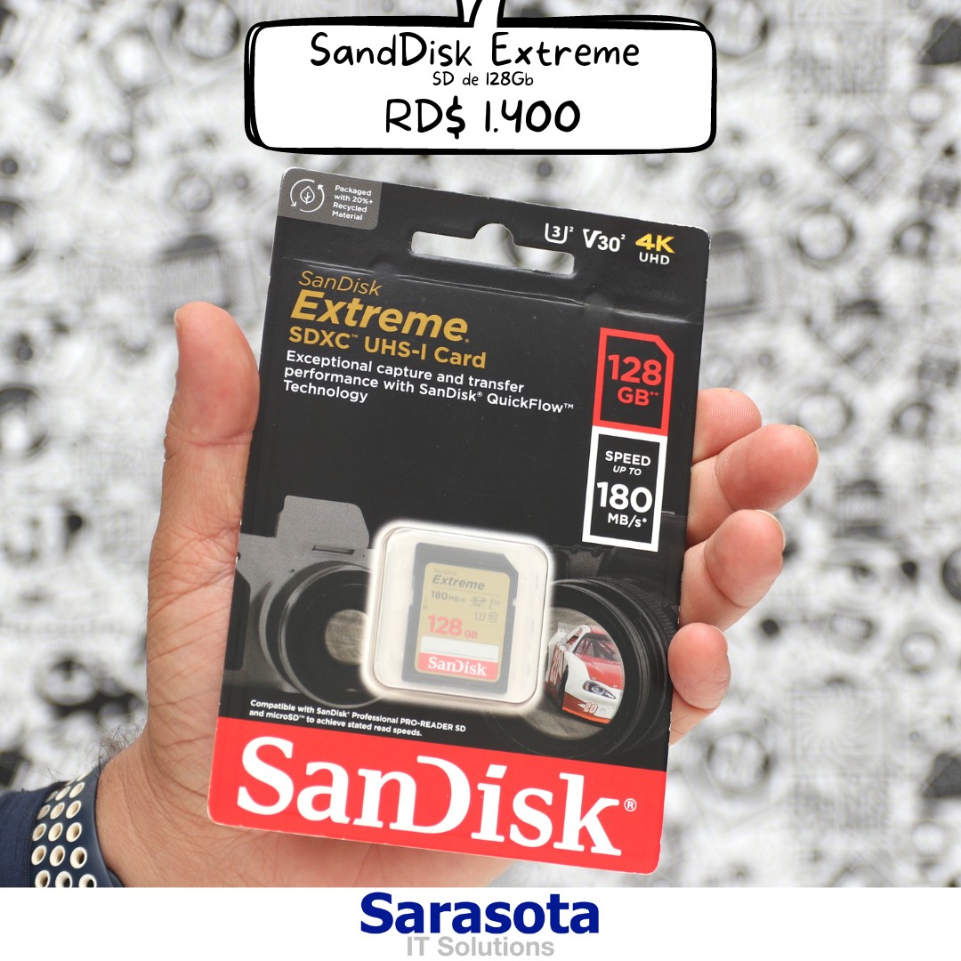 accesorios para electronica - Memoria SD 128Gb SanDisk Extreme (180 MB/s) Somos Sarasota