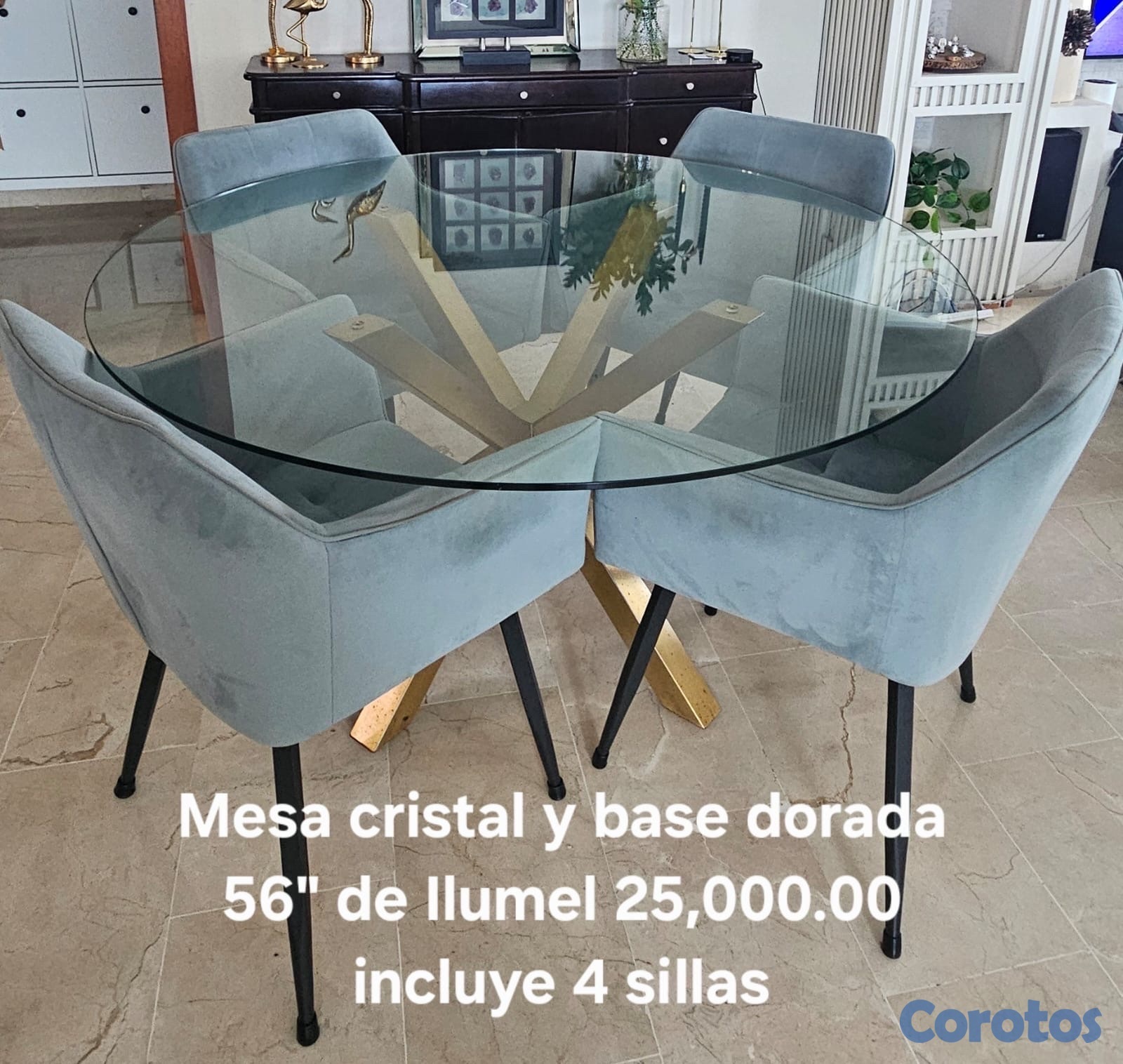 muebles y colchones - Mesa de Comedor de Cristal con Base Dorada + 4 Sillas Gris Azuladas