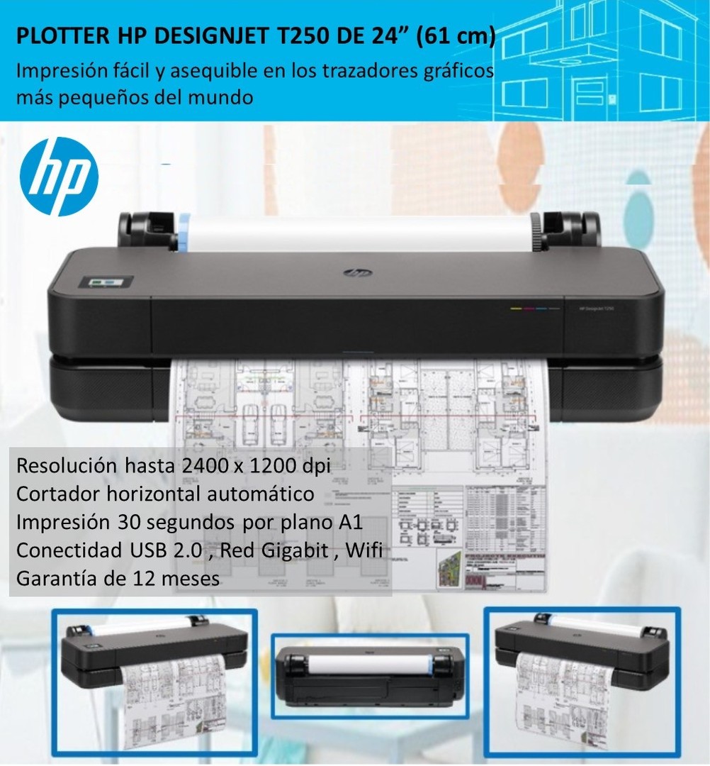 impresoras y scanners -  HP DESIGNJET T250 , 24 pulgdas PLOTTER - WI-FI, RED ,USB, ROLLO, Y PAPEL