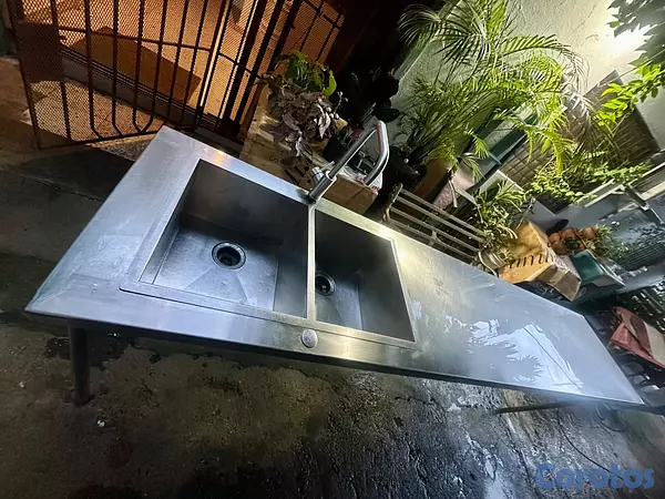 cocina - Fregadero doble y mesa de trabajo en acero inoxida 4