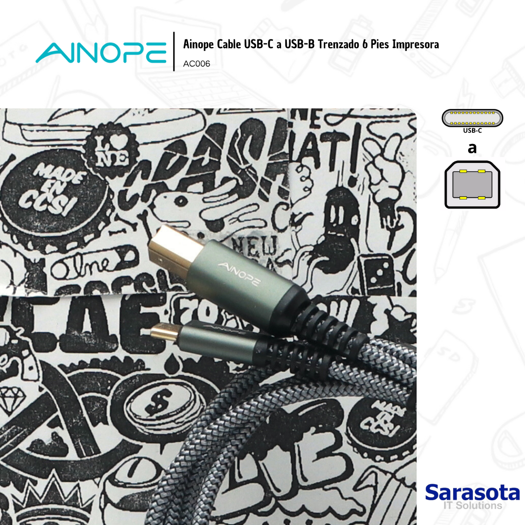 accesorios para electronica - Ainope Cable USB-C a USB-B Trenzado 6 Pies Impreso 1