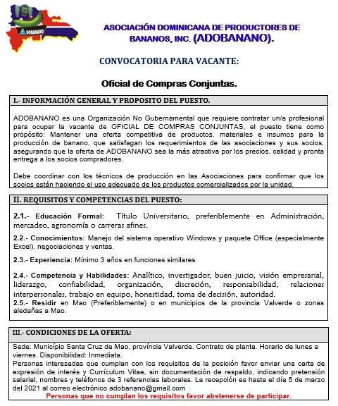 empleos disponibles - VACANTE: Oficial de Compras Conjuntas.