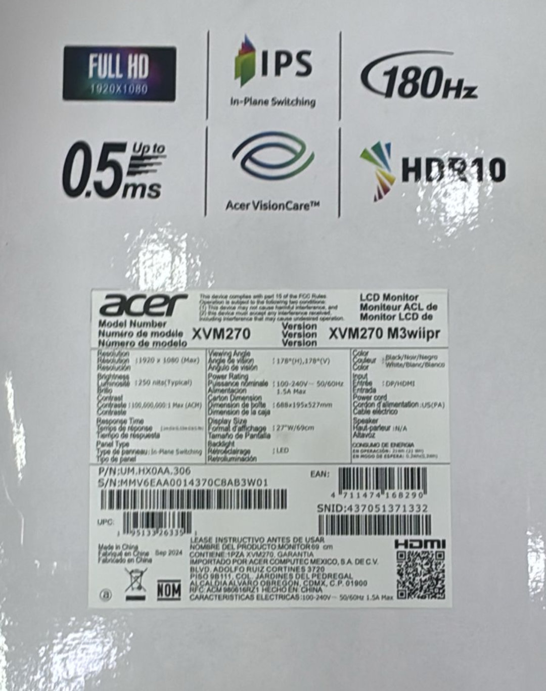 consolas y videojuegos - Monitor Gaming  Acer 27Pulg 180Hz 0.5ms HDR10 IPS  6