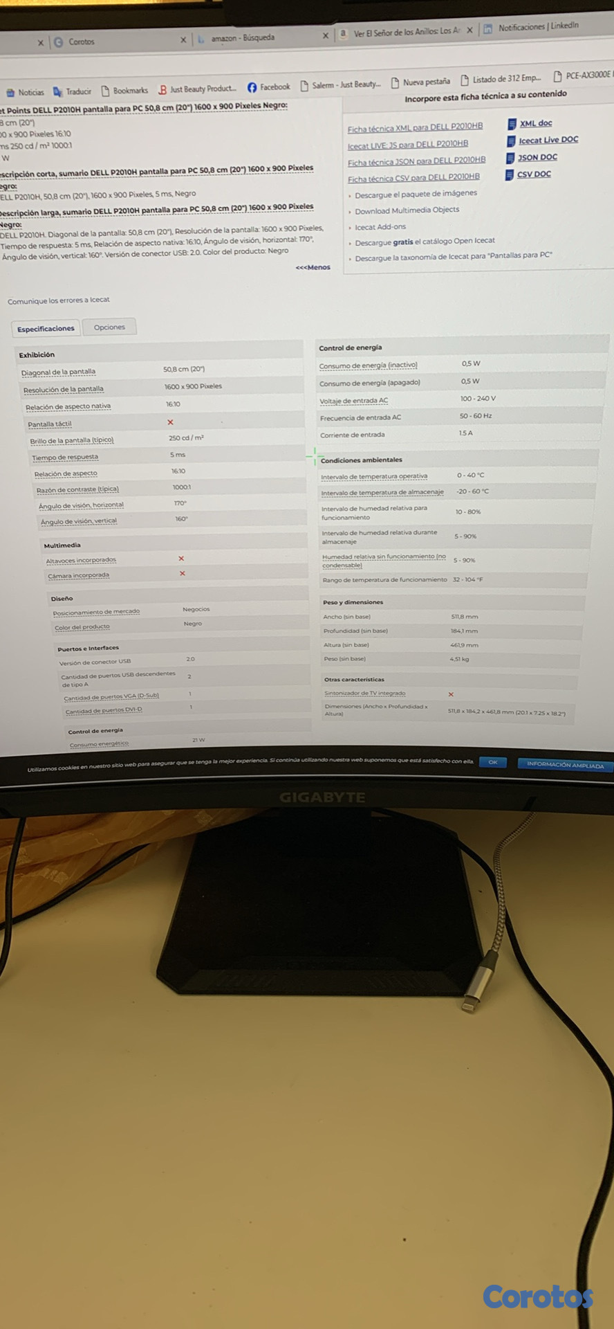 computadoras y laptops - MonitorDELL20”1600 x 600 pixeles 60Hz,5msPanel TN, DVI-D, DP, VGA, 4 puertos USB 9