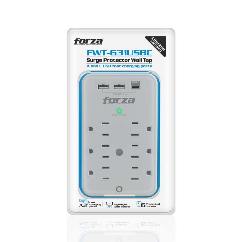otros electronicos - TOMACORRIENTE FORZA, 6 TOMAS + 2 PUERTOS USB-A + 1 USB-C, PROTECTOR SOBRETENSIÓN