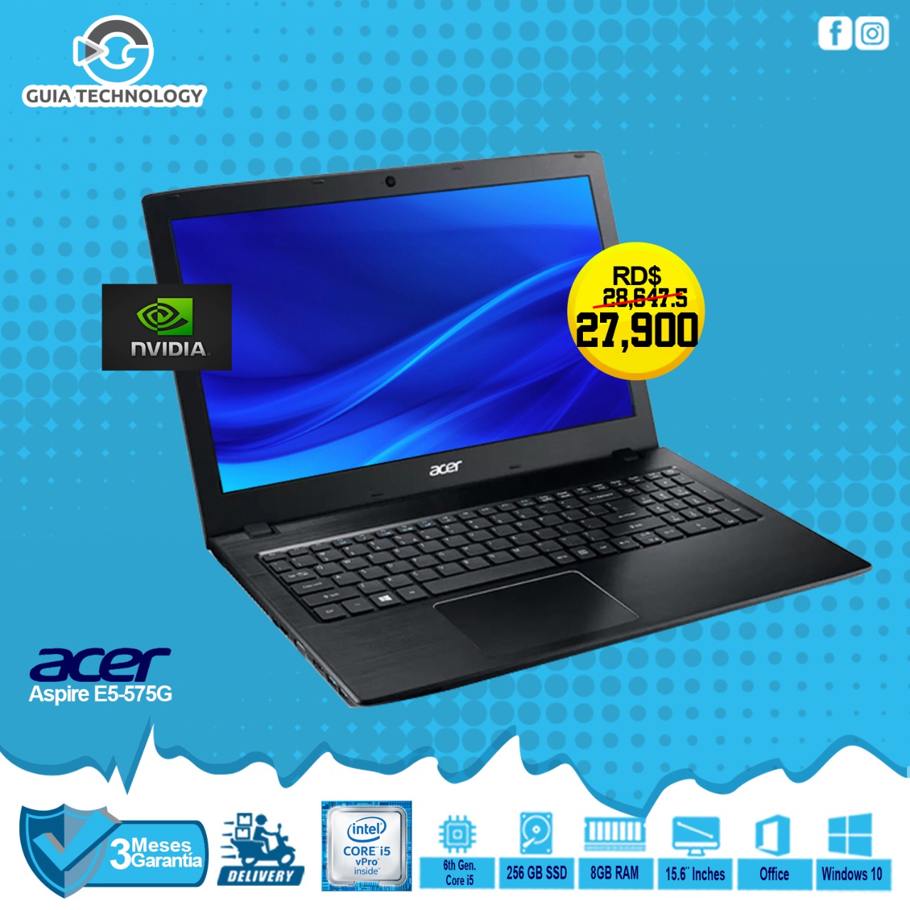 computadoras y laptops - Acer Aspire E5-575G, 6th Gen, Core i5, 8 GB RAM, 256 SSD, Teclado Iluminado