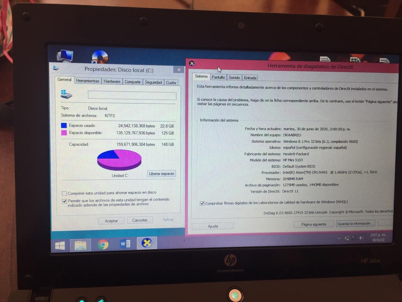 computadoras y laptops - Laptop HP Mini 5103 Atom CPU455 @1.66GHz (2 CPUs), ~1.7GHz