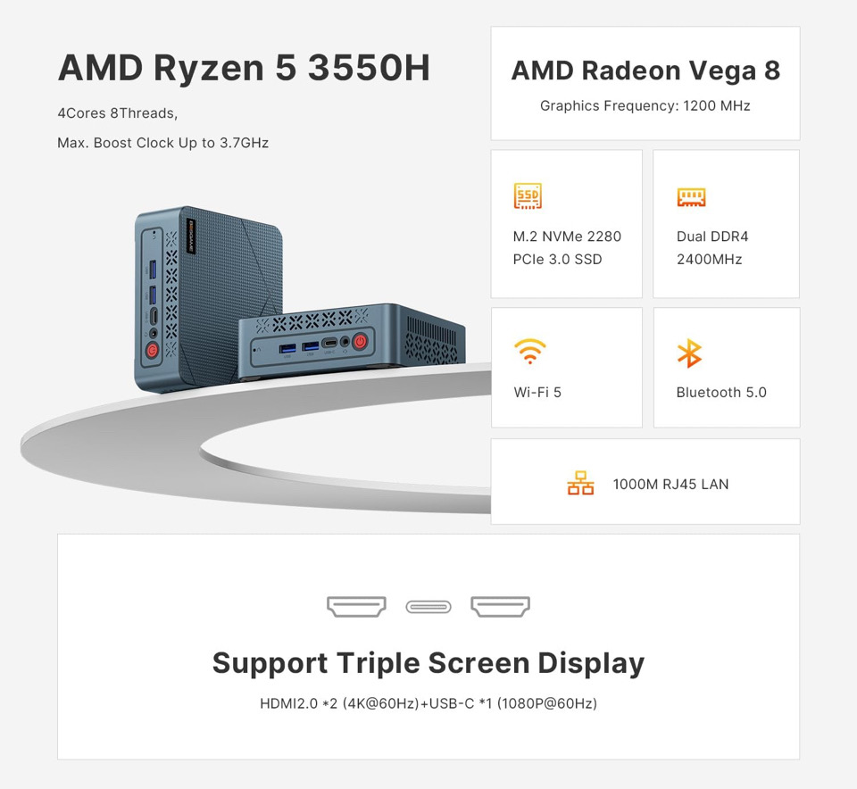 computadoras y laptops - Mini PC BOSGAME E2
ryzen 5 3550H / radeon vega 8 /512gb ssd 1