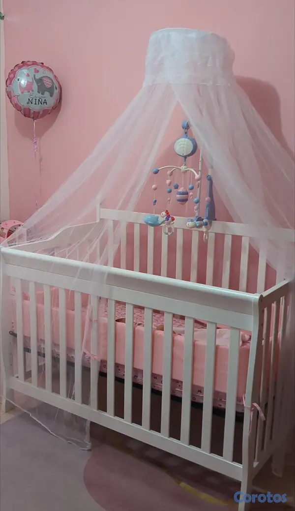 muebles - Cuna de bebé de madera con colchón, mosquitero y a 3