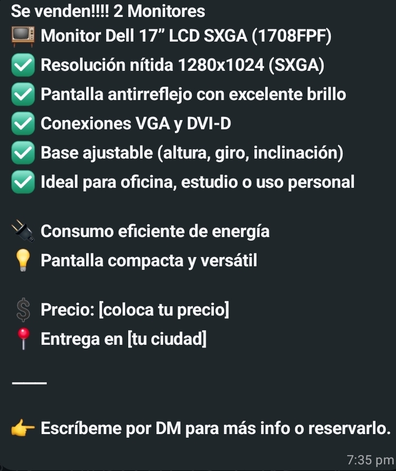 computadoras y laptops - Se venden! 2 Monitores 
📺 Monitor Dell 17” LCD SXGA (1708FPF 1