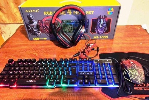 accesorios para electronica - Kit de Gamer Juego Combo Teclado + Mouse + Audifonos + Mouse pad gaming 4