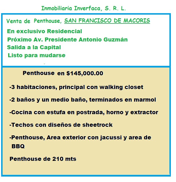 penthouses - VENTA DE  PENTHOUSE EN SAN FRANCISCO DE MACORIS US$145,000.00