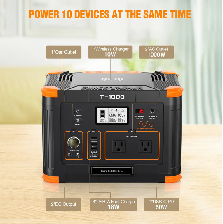 plantas e inversores - GRECELL T‑1000 | Generador Portátil 1000W / 999Wh con MPPT y Salidas Múltiples  6