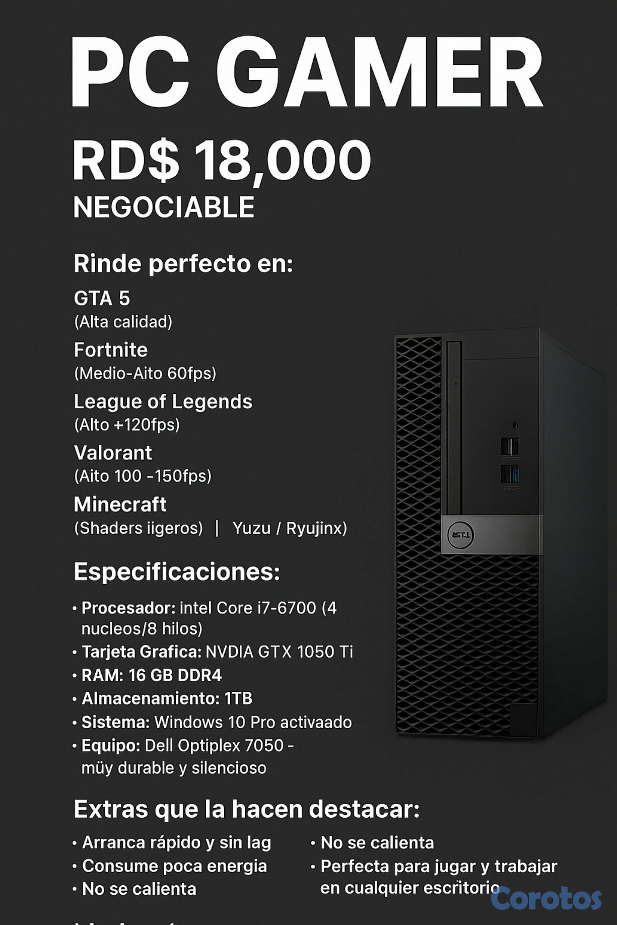 computadoras y laptops - 🔥 PC Gamer Dell Optiplex 7050 – Lista para jugar 🔥 1