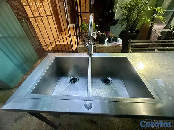 cocina - Fregadero doble y mesa de trabajo en acero inoxida 2
