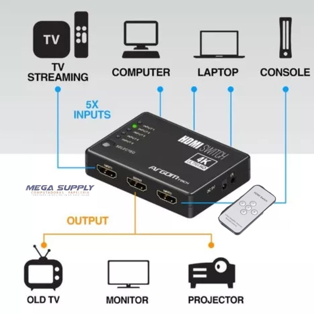 computadoras y laptops - Switch Venlogic HDMI 5 EQUIPOS A  1 PANTALLA 1080p, MANUAL Y control remoto
