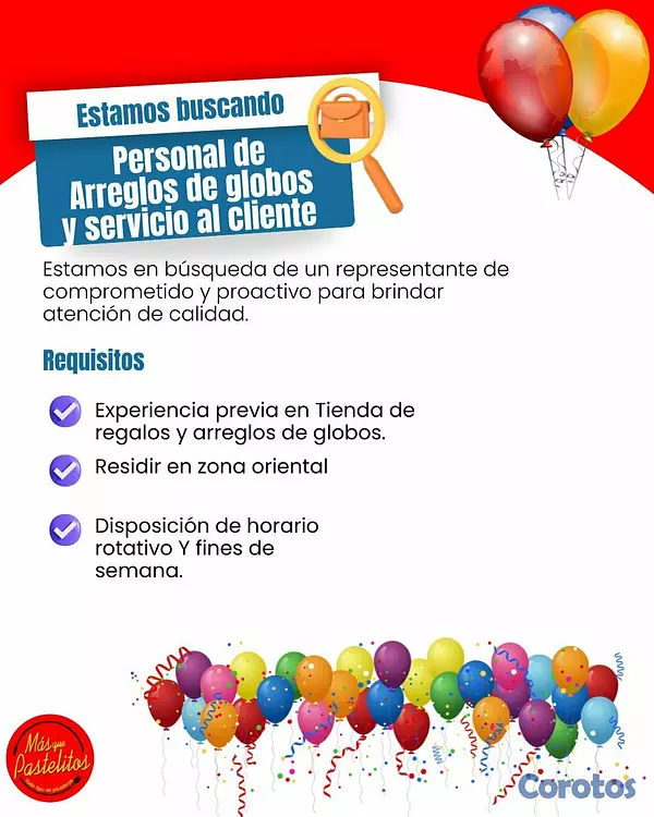 empleos disponibles - Servicio al cliente /Globos
