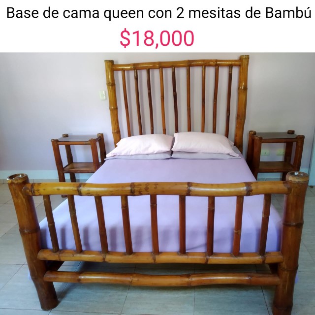 muebles y colchones - Cama Queen de bambú con 2 mesitas de cama