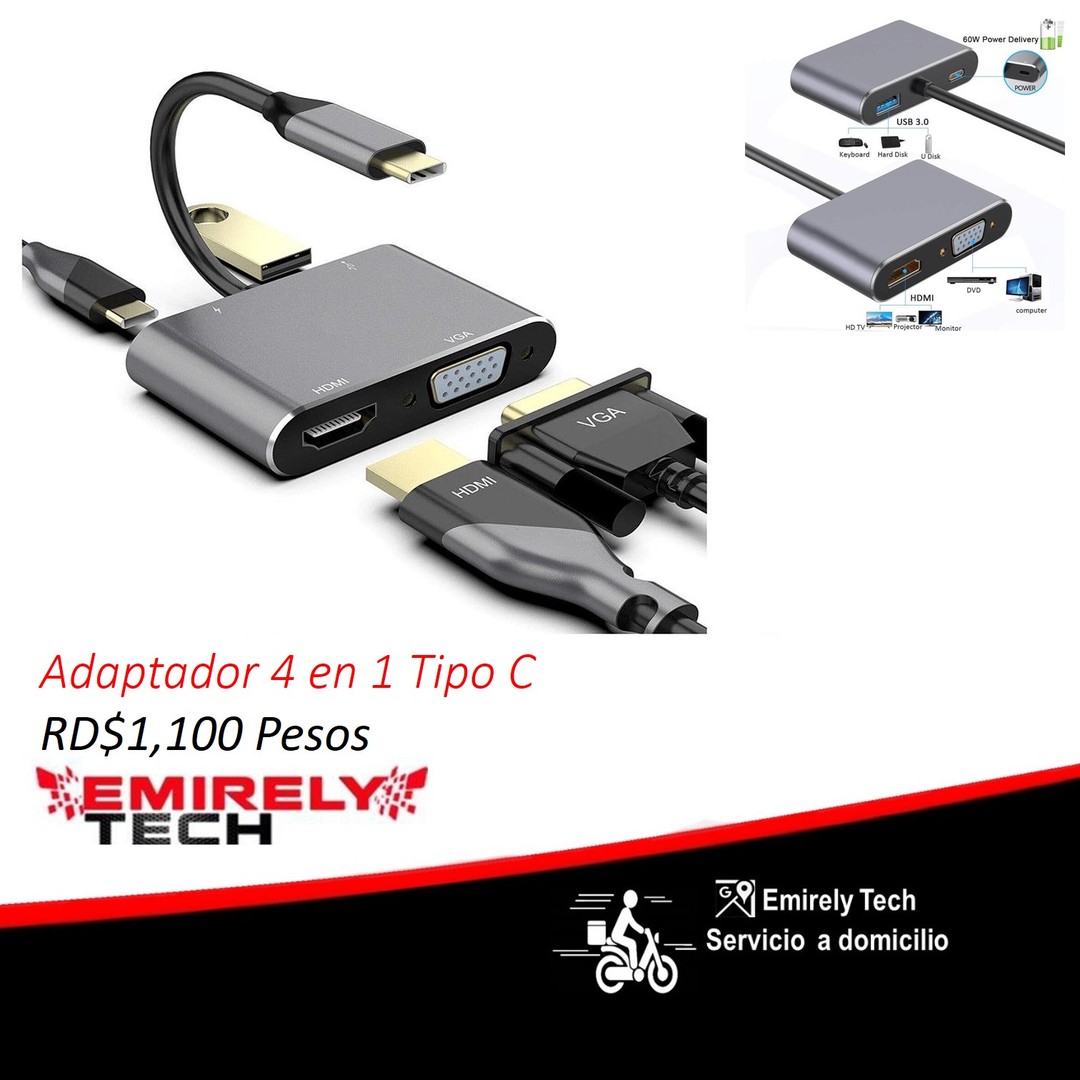 accesorios para electronica - Adaptador tipo c 4 en 1 vga+tipo c+ usb 3.0+ hdmi 4 0