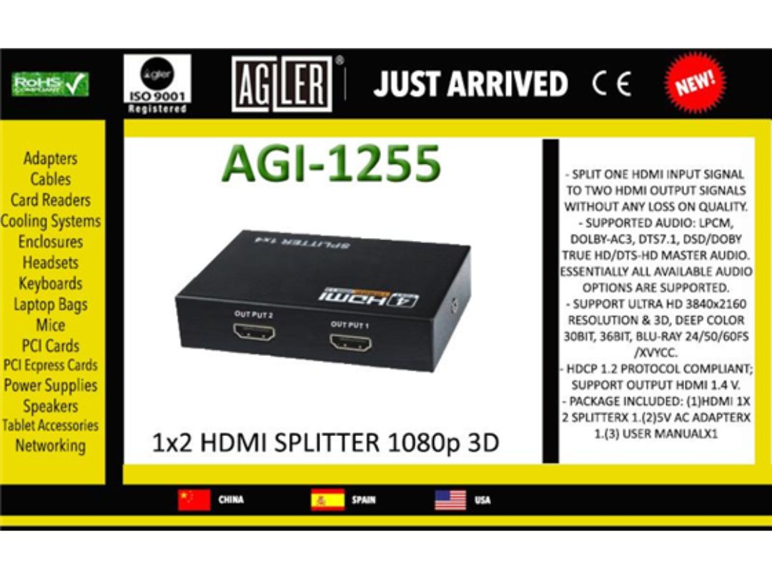 computadoras y laptops - SPLITTER HDMI 1X2 AGILER, SUPORTA HASTA 1080P, (AGI-1255)