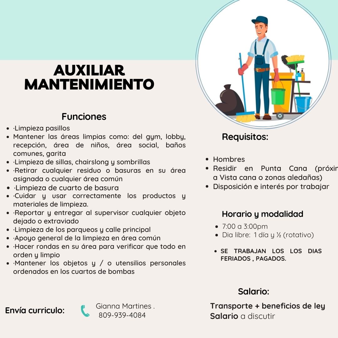 empleos disponibles - AUXILIAR DE MANTENIMIENTO PUNTA CANA 0