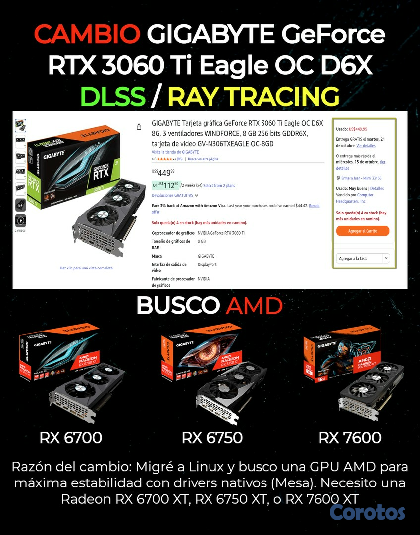 computadoras y laptops - CAMBIO 3060Ti Gigabyte por AMD RX 6700/6750/7600 5