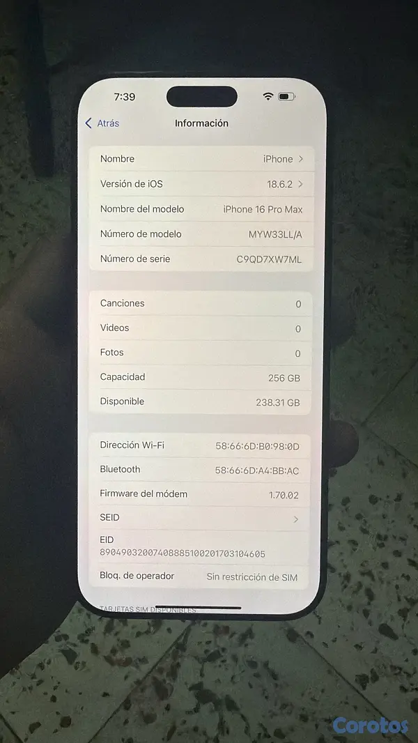 celulares y tabletas - iPhone 16 PRO MAX FACTORY 256gb 8