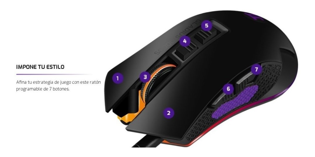 computadoras y laptops - MOUSE PRIMUS PMO-201, GAMING GLADIUS 10000S, OPTICO USB, 6 BOTONES, VELOCIDAD 1