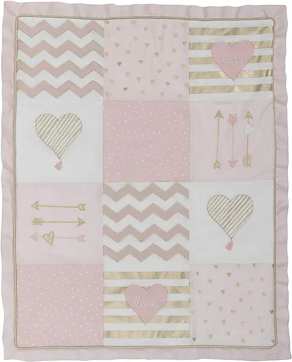 muebles - Juego de ropa de cama para cuna de 4 piezas Lambs & Ivy Baby Love Pink/Gold Hear 6